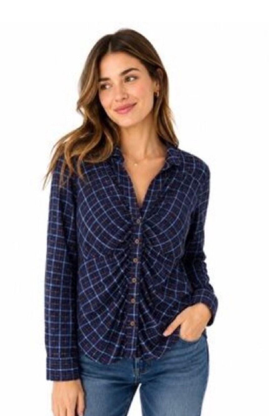 Pilcro Sz S Button Down Women Blue Ruched Plaid Cinched Top Anthropologie Long